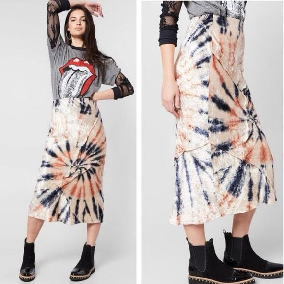 Free People Serious Swagger Velvet Tie-Dye Midi Skirt Size M in Firework Combo - Picture 2 of 11